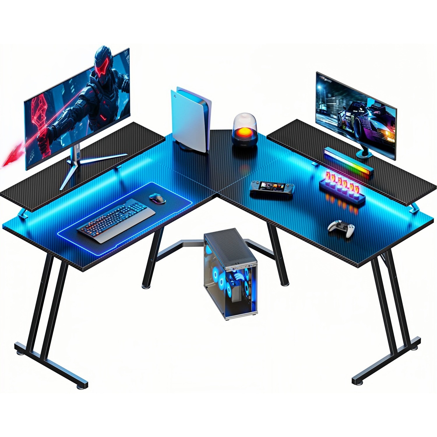 Pc Gaming Center - L-förmiger Gaming-Schreibtisch mit LED-Beleuchtung und Monitorständer,