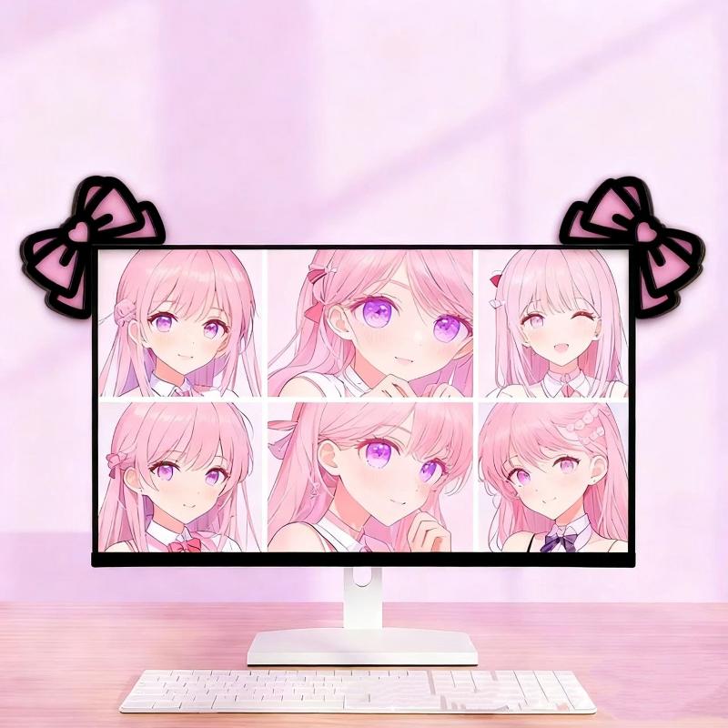 Pc Gaming Setup - Neue 1/2-teilige Holz-Schleifen-PC-Accessoires, Kawaii 2D-Schleifen-Monitor-Deko, niedliche