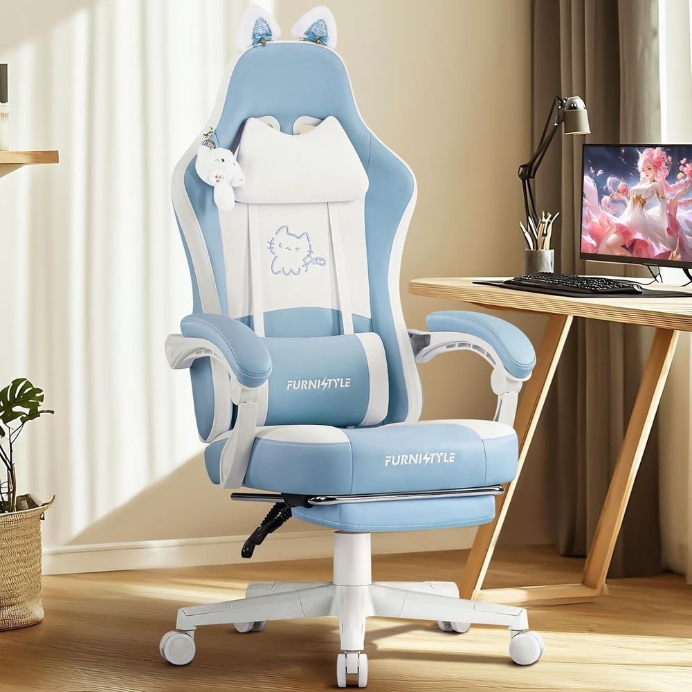 Gaming Chair - Ergonomischer Blau/Weißer Gaming-Stuhl mit Lendenwirbelstütze und